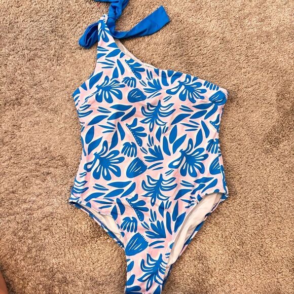 Michelle Mcdowell Women’s Floral Blue Mia One Shoulder One Piece Swimsuit Large - Picture 1 of 5